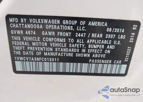 2015 Volkswagen Passat 2.0L Tdi Sel Premium from USA, damaged, VIN 1VWCV7A38FC013311